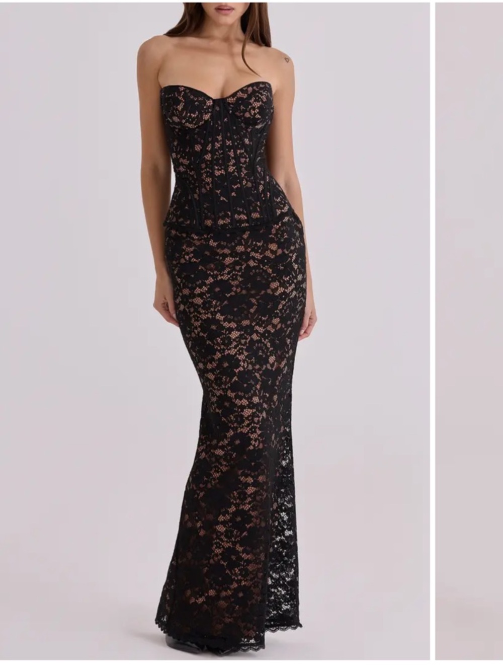 House of CB Black Lace Strapless Corset Gown with Nude Lining